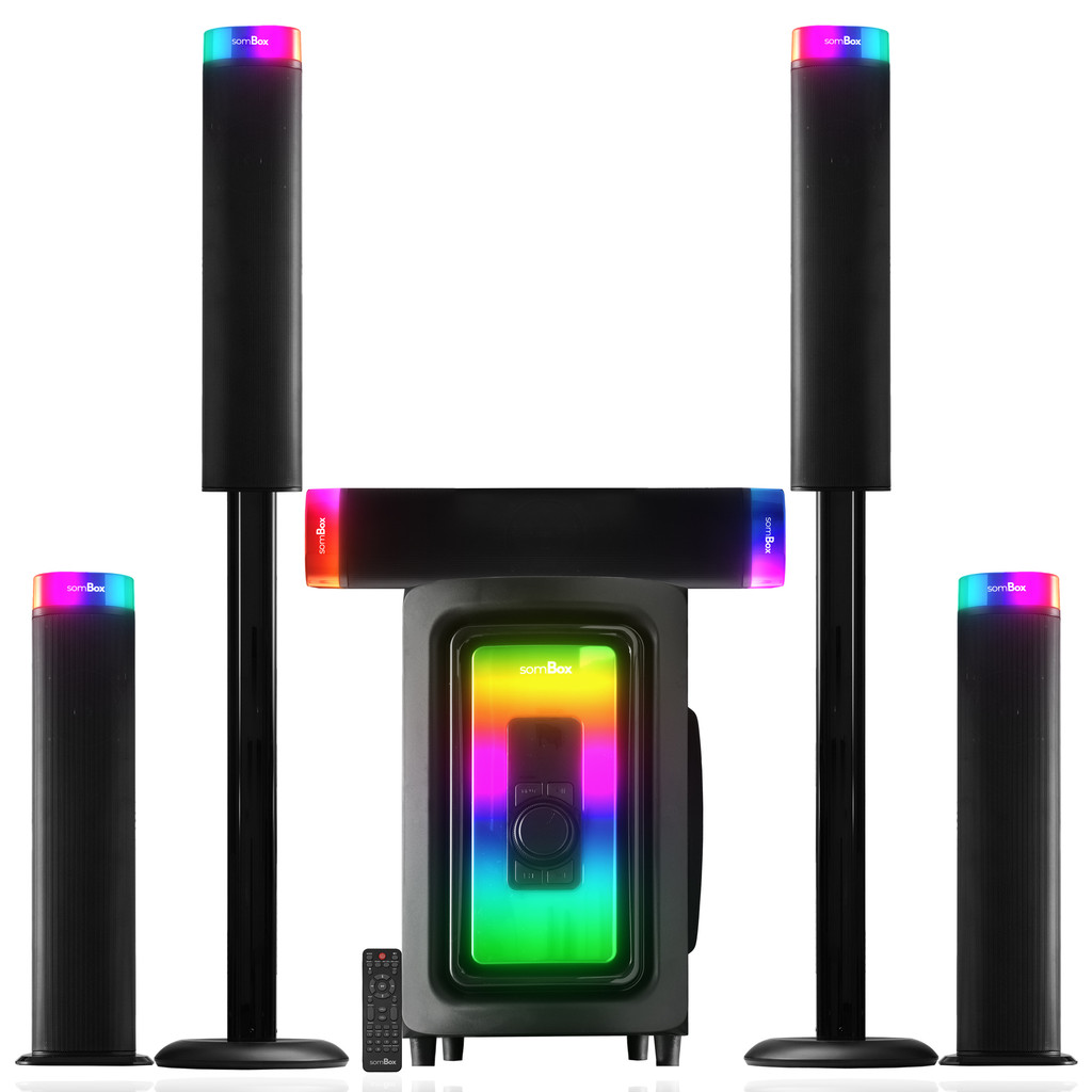 Home Theater Grande Bluethooth 5.0 Subwoofer Potente Aura RGB Até 250W RMS Hi-Res Audio 360º Para TV Conex FM SD P2 P10