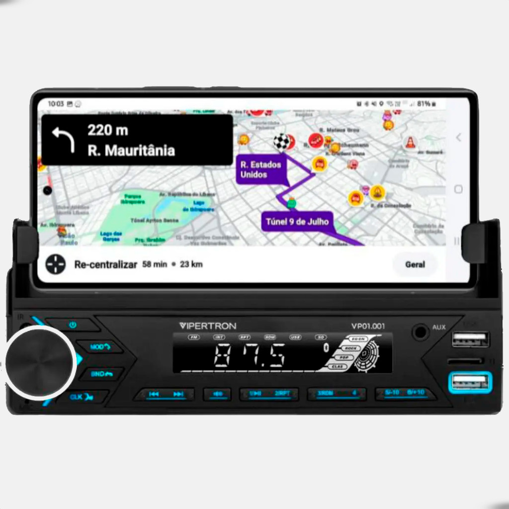 Radio Automotivo Blutooth Vipertron Com Suporte Para Celular 4X45W Equalizador Carregador USB Teclas Multicolor