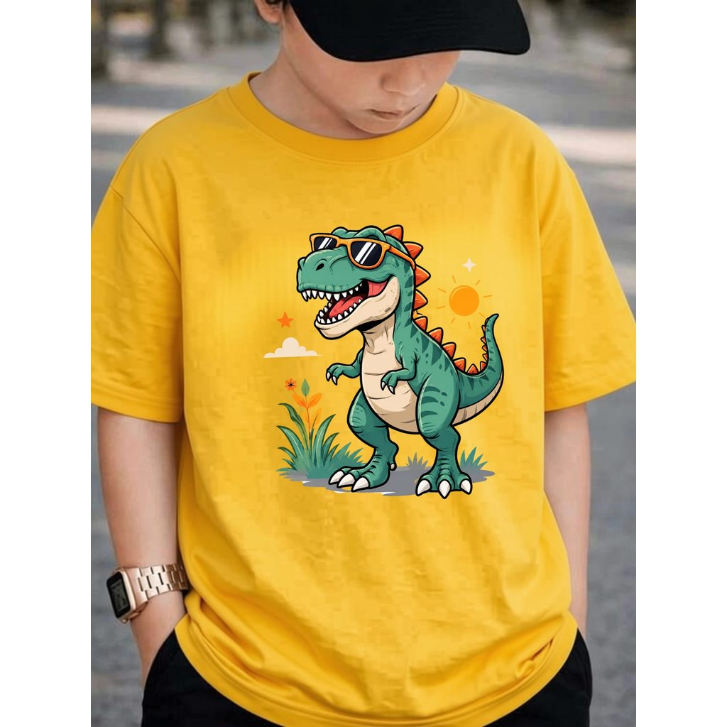 Camiseta Infantil 100% Algodão Camisa Para o Dia a dia Crianças Estampada Dinossauro de Óculos de Sol