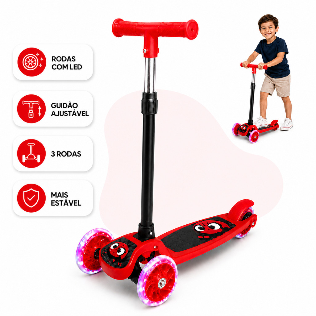 Patinete Infantil 3 Rodas Gel Dobrável Com Guidão Ajustável Com LED Menino Menina Kizumba Vermelho