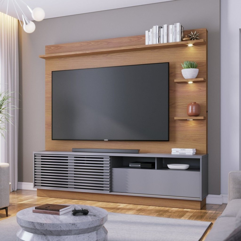 Estante para TV e Home Theater até 70 Polegadas com LED 200CMX188CM LED 1 Porta Campeche Marrom Freijó/Cinza