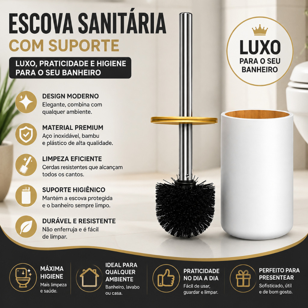 Escova Sanitária com Suporte Luxo Aço Inox e Bambu Escova para Vaso Sanitário Banheiro Premium