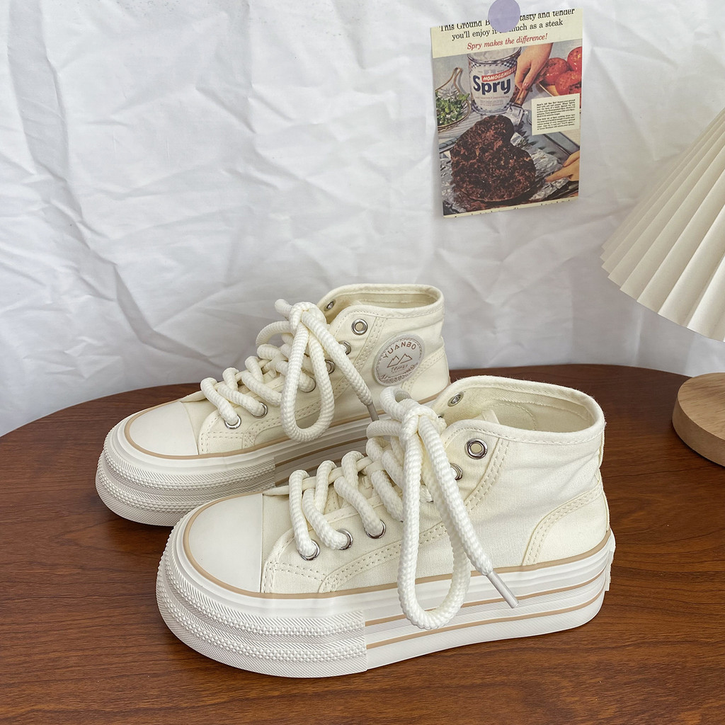 Sapatos grossos casuais na moda branco sapatos femininos nicho alto All-Match chique de lona dopamina sapatos pr