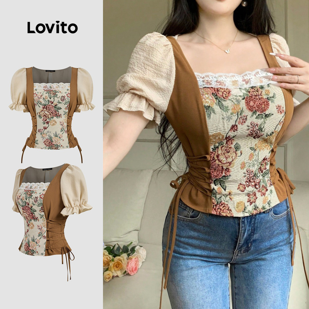 Lovito Blusa Casual Floral Coreana De Manga Curta Bufante Decote Quadrado Amarra