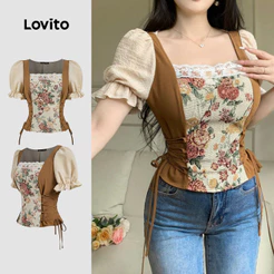 Lovito Blusa Casual Floral Coreana De Manga Curta Bufante Decote Quadrado Amarração Lateral E Blocos De Cores Para Primavera/verão Feminina Bordado LR23E002