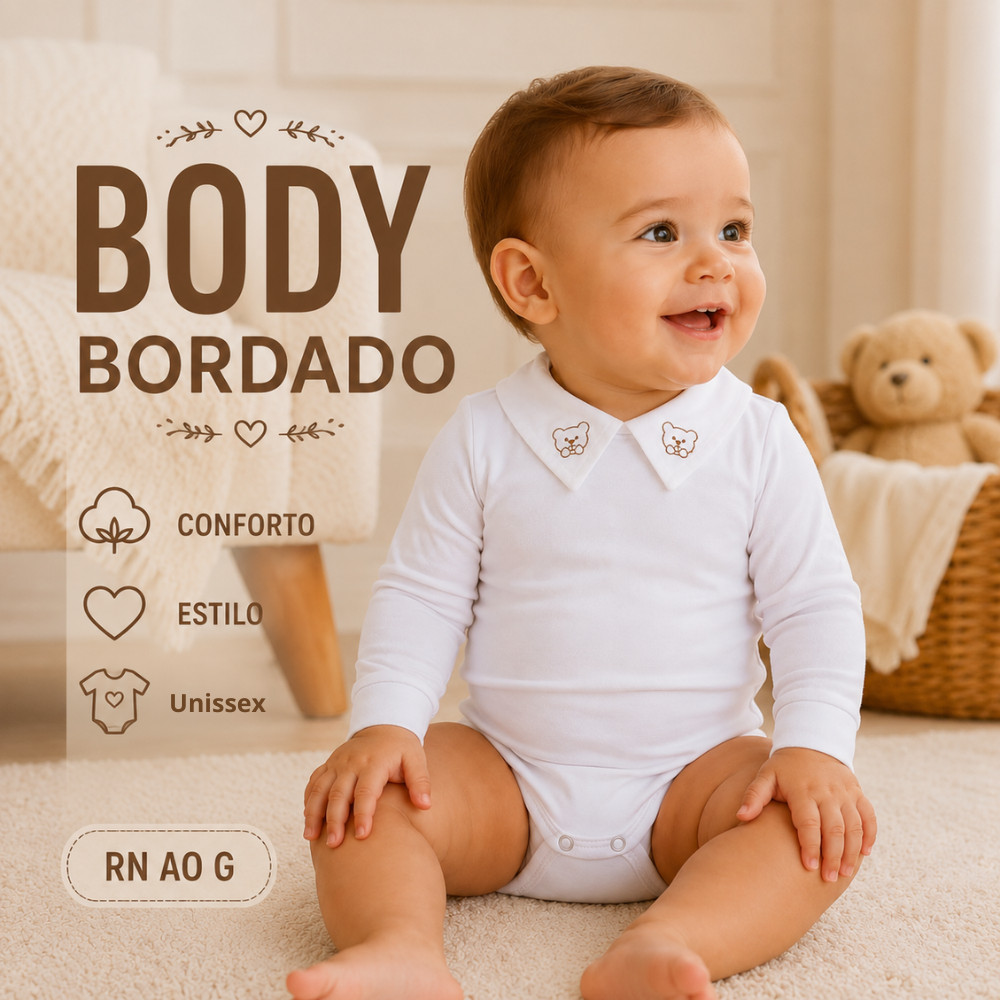 Body Bebê Menino Menina Algodão Manga Longa com Gola Bordada