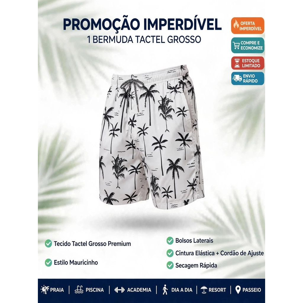 Bermuda Masculina Mauricinho Estampada Coqueiro Tactel Short Praia Fabricante