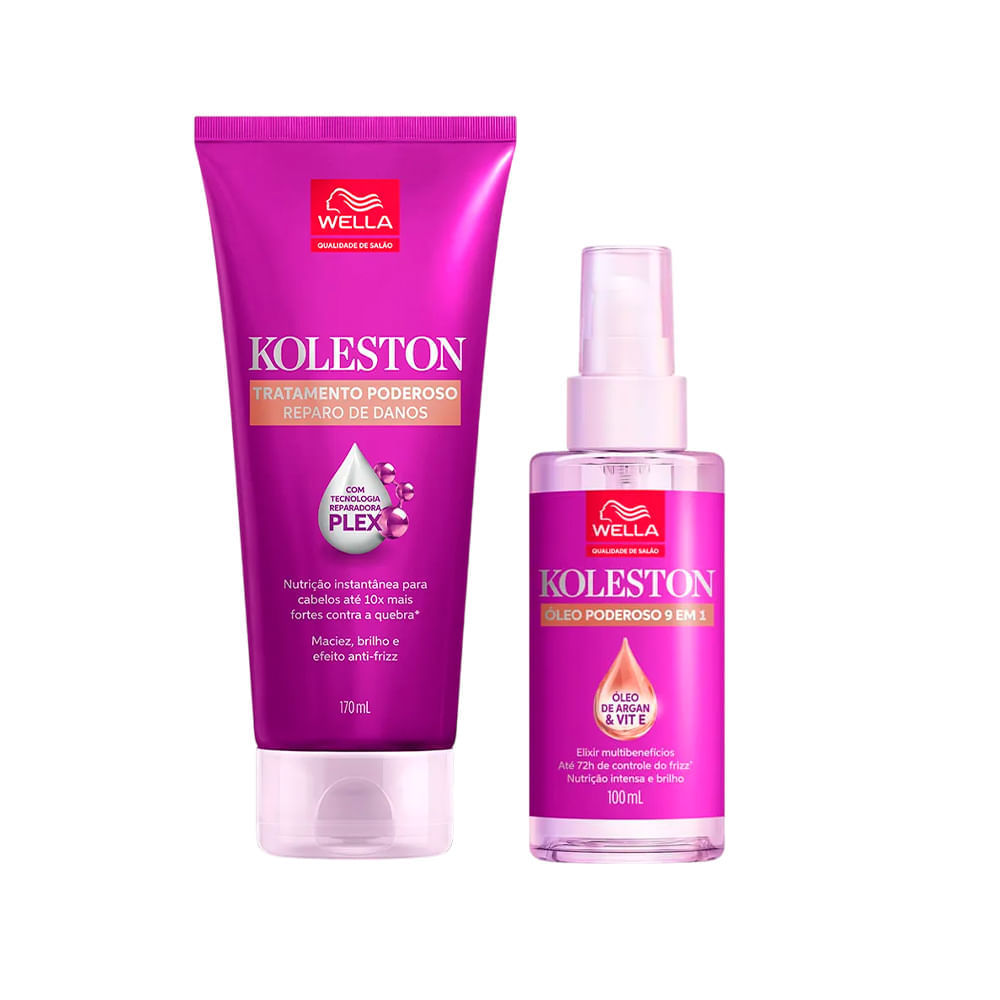 Kit Wella Koleston contendo um tubo de Tratamento Poderoso de 170ml e um frasco de Óleo Capilar Poderoso 9 em 1 de 100ml, ambos com embalagens na cor rosa vibrante.