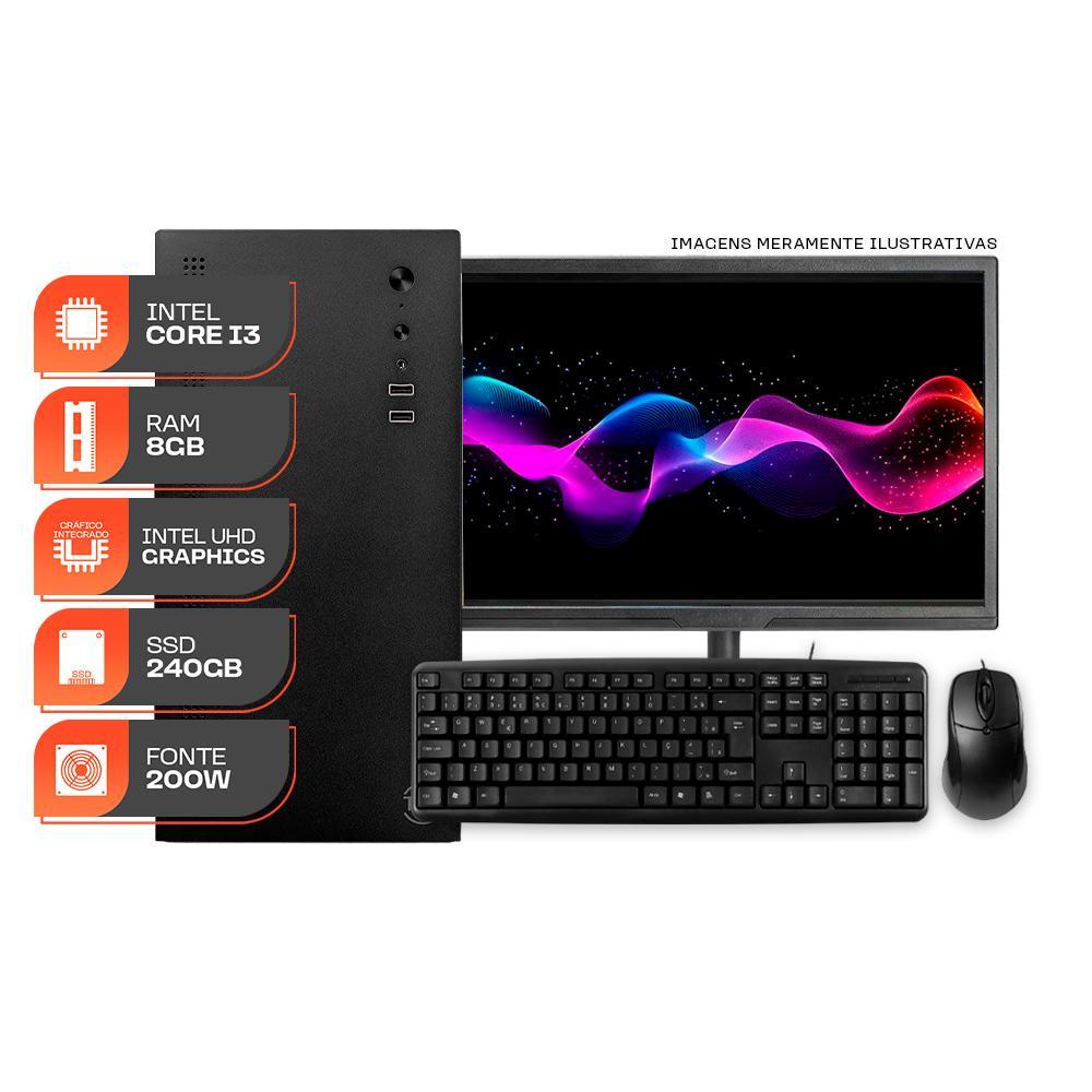 Computador Home Essential S, Intel i3 8a Geração, 8GB DDR4, SSD 240GB, Completo com Monitor e Periféricos