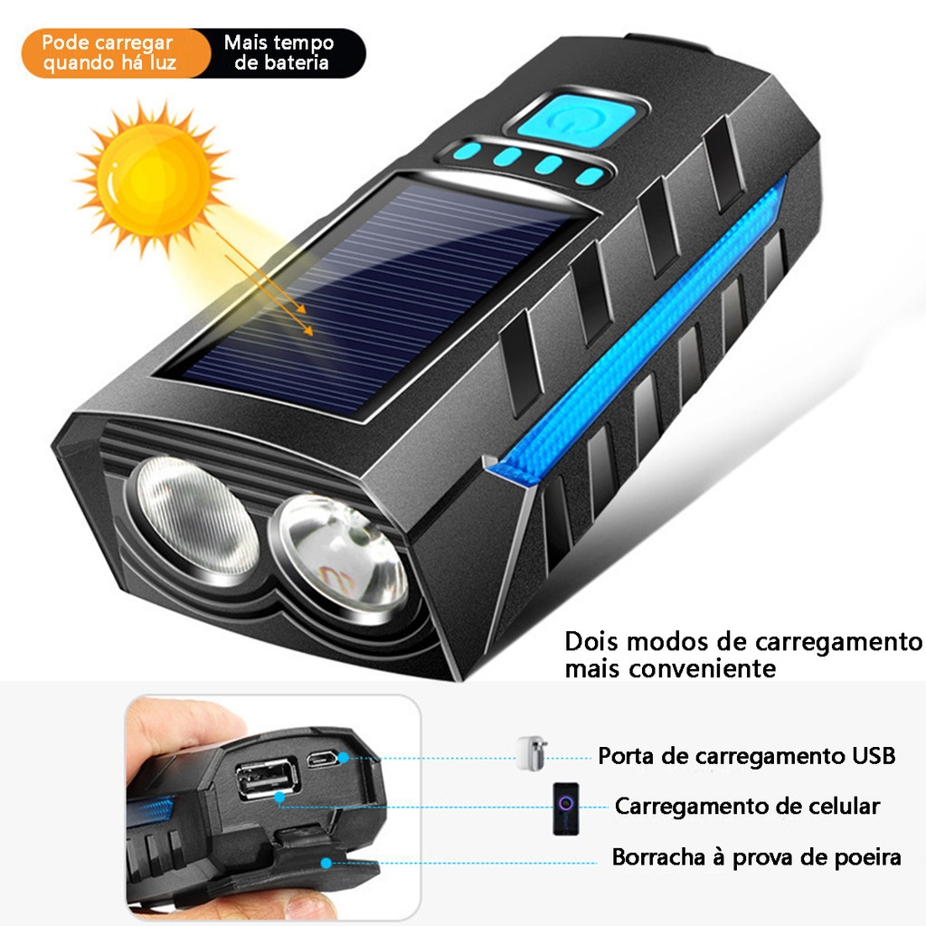 Lanterna para Bicicleta LED Recarregavel com Painel Solar