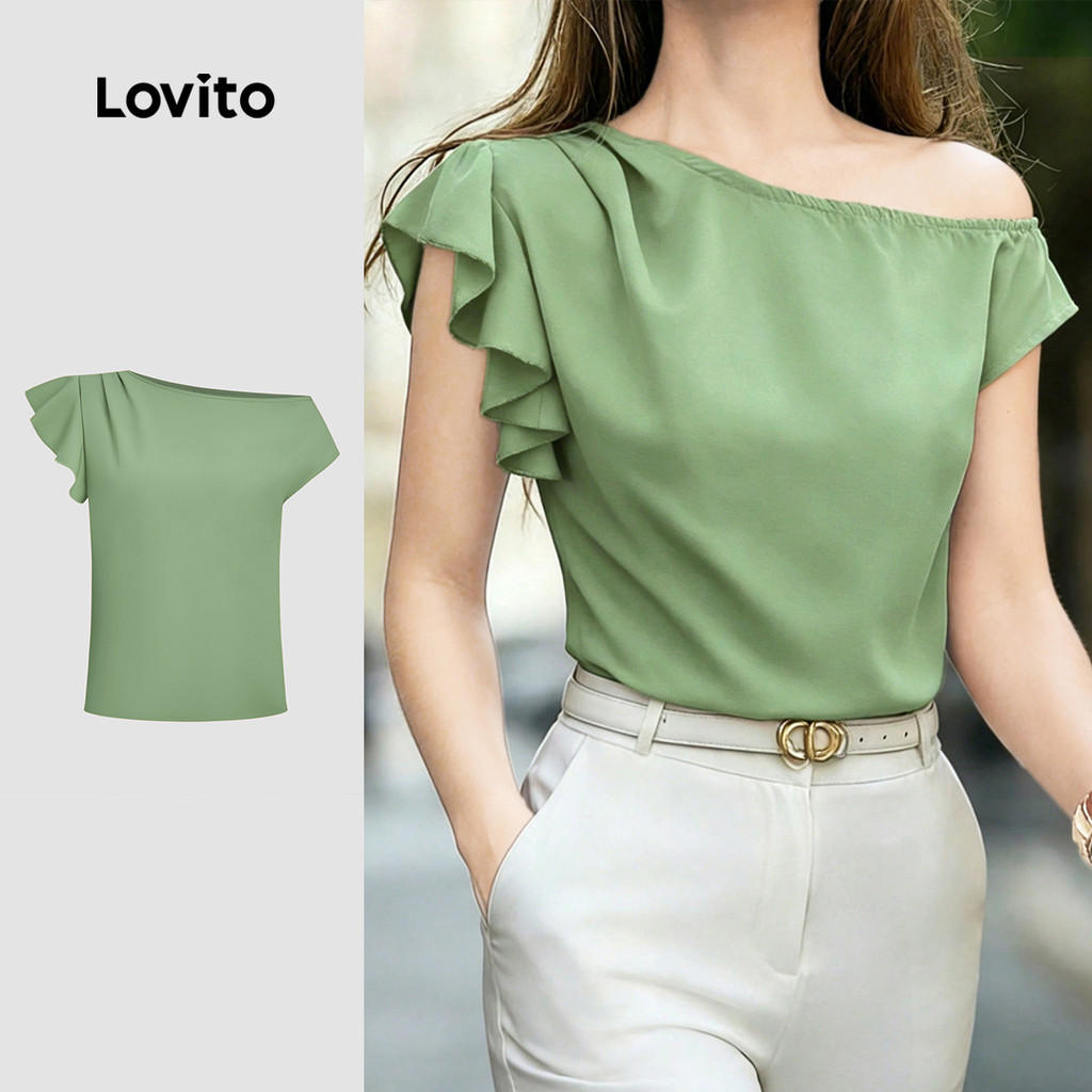 (New Arrival) Lovito Blusa Elegante Assimétrica de Rendas com Babados Primavera/