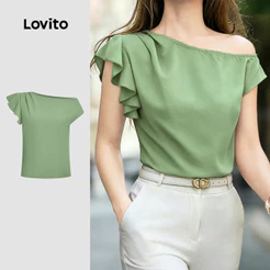 Lovito Blusa Elegante Assimétrica de Rendas com Babados Primavera/verão Amarela para Mulheres L196ED746