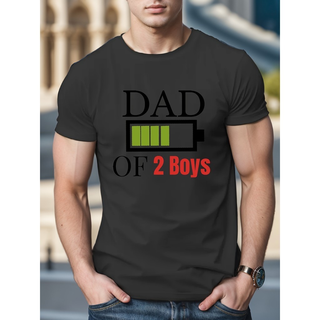 Camiseta Gola Redonda masculina 100% algodão, confortável, estilo esportivo, Estampa Dia dos Pais Frase Pai de 2 Meninos