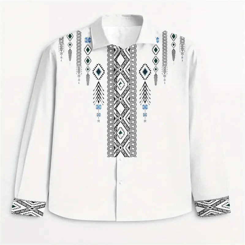 Camisa casual Estampada Étnica Masculina-Padrão Geométrico De Botão De Manga Comprida Respirável , Estilo regular Primav