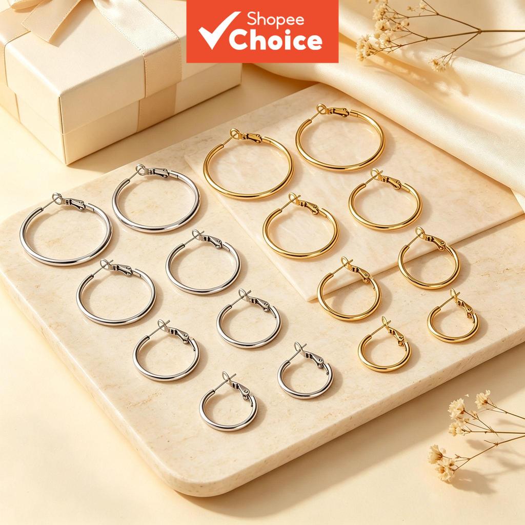 Conjunto de joias com 8 pares de brincos argola em aço inoxidável dourado e prateado, antialérgicos, resistentes ao