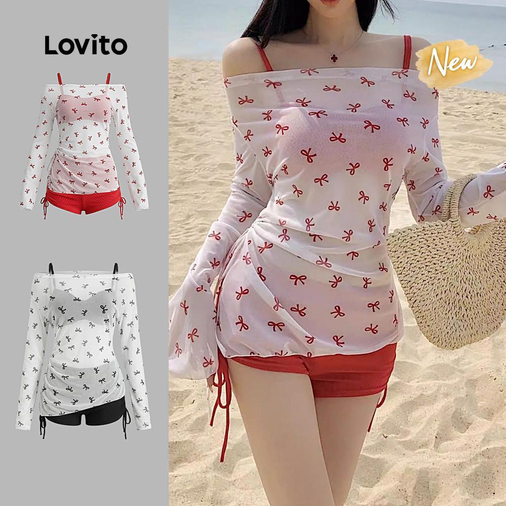 (New Arrival) Lovito   Boho Biquínis 3 peças 3 combinações Padrão Enrugado Verme
