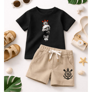 Conjunto Infantil Para Meninos - Estiloso de Verão - Camiseta Manga Curta e Bermuda De Moletom -Times de Futebol Timão