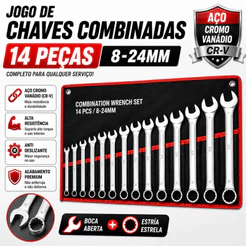 Jogo Chave Combinada Aço Cromo Vanádio Com 14 Peças De 8mm A 24mm Durável E Profissional