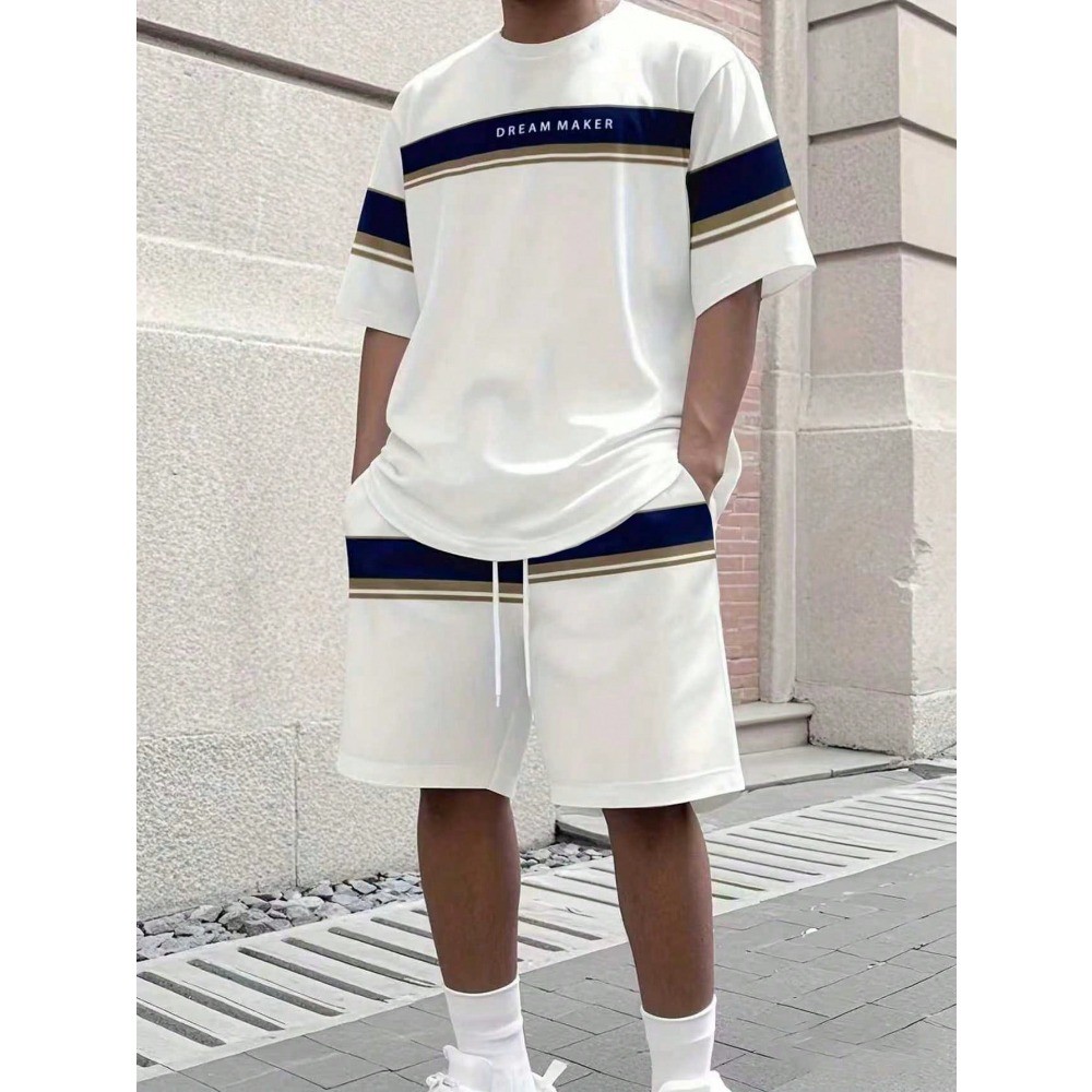 Terno esportivo masculino para casa, camiseta de malha de poliéster com gola redonda + Shorts, leve e respirável, adequa