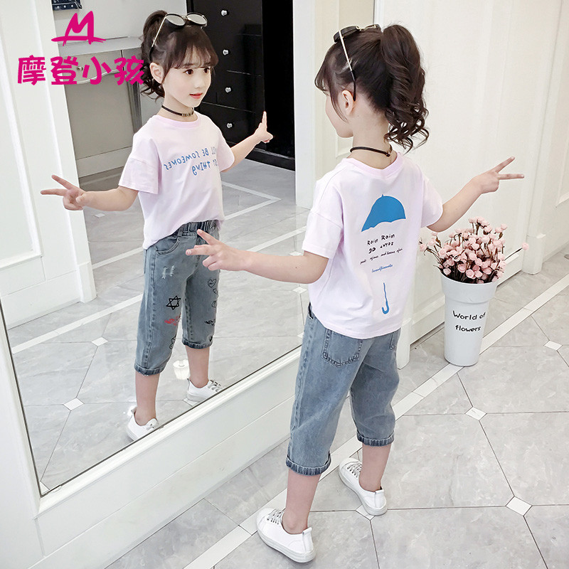 Meninas camiseta 2026 novo estilo vestido de verão meninas em torno do pescoço de manga curta camiseta crianças impresso