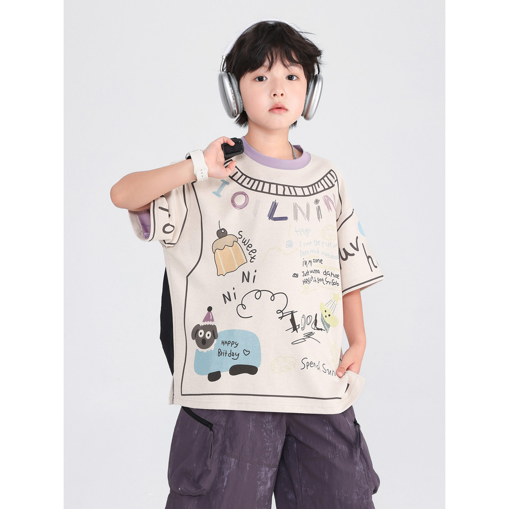 Meninos verão estilo coreano contraste cor Graffiti camiseta de manga curta 2026 novo estilo escola primária crianças so