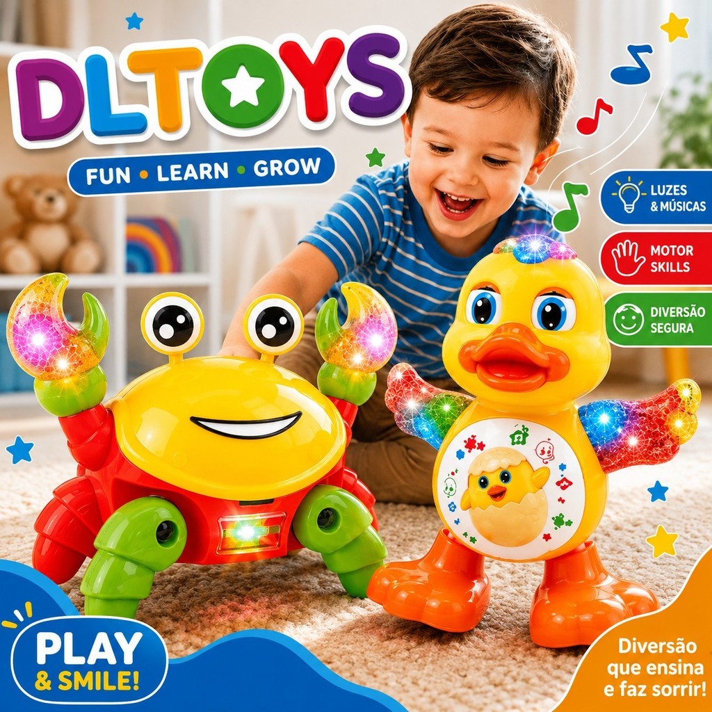 KIT Caranguejo Fujão Patinho Dançante Brinquedo Infantil Com Luz Som e Movimento