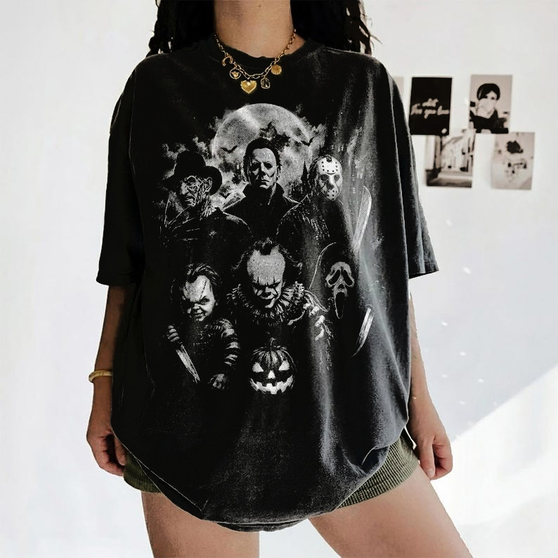 Camiseta Masculina Feminina Time de Personagens de Terror Halloween Anime T‑shirt Unissex Streetwear Envio Imediato