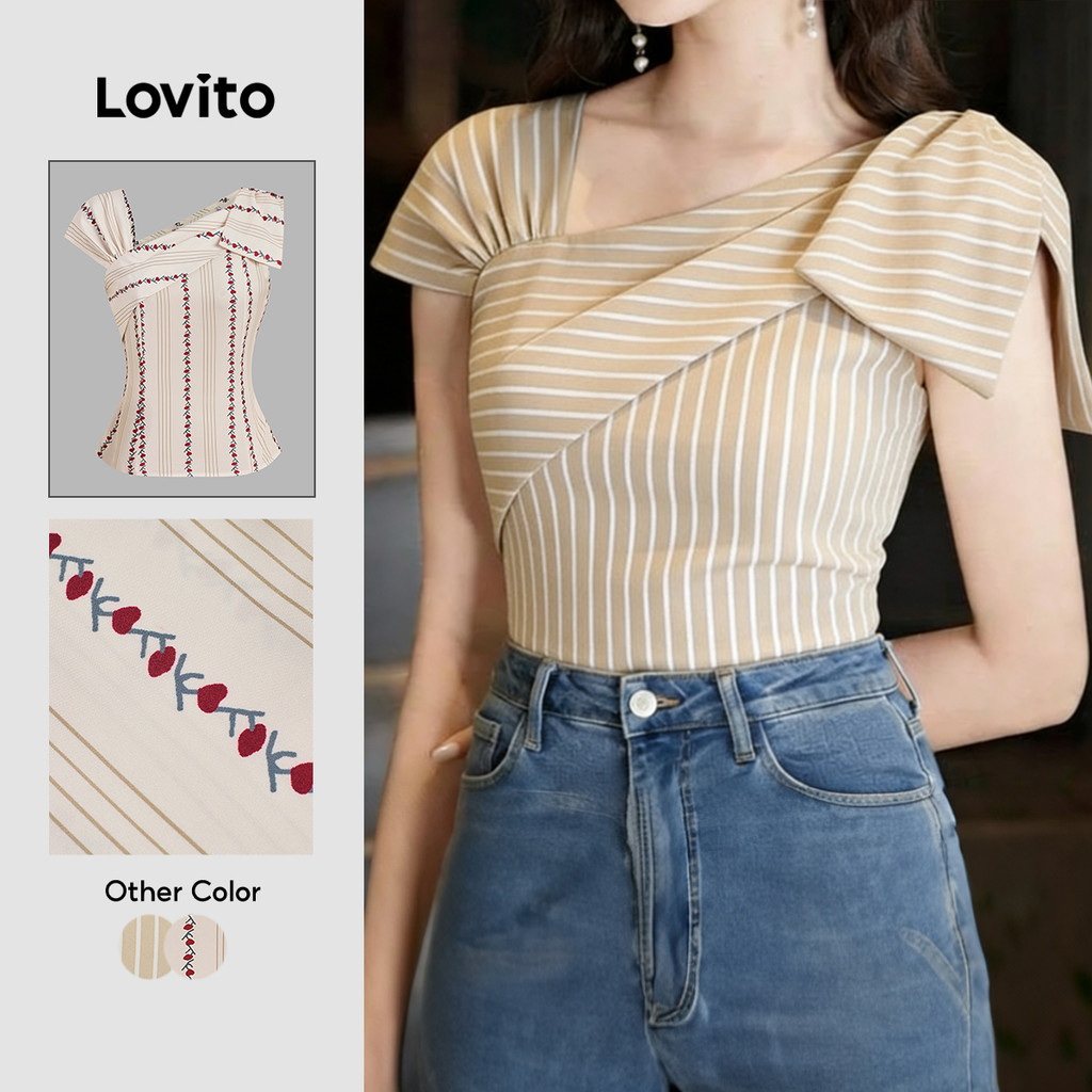 Lovito Listrada Blusa Casual Assimétrica com Pregas Primavera/verão Camisa Cáqui