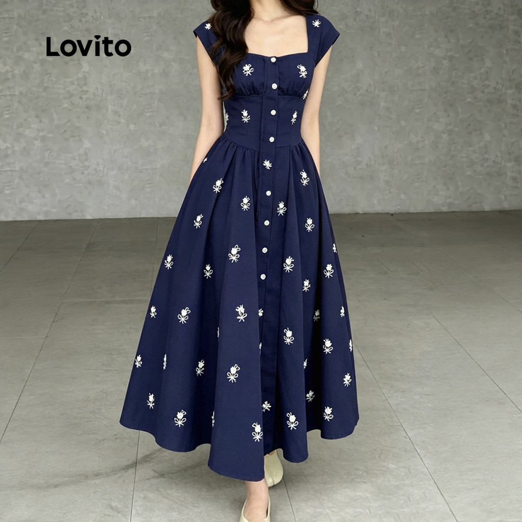 Lovito Vestido Elegante com Botão Primavera/verão Vestido Azulescuro para mulheres LBL36139 · foto 2
