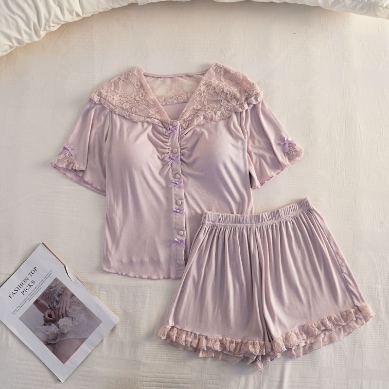 Pijama Feminino Com Almofada No Peito Verão Novo Modal Renda Shorts De Manga Curta Estilo Puro Desejo Conjunto Para Casa