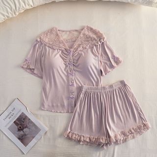 Pijama Feminino Com Almofada No Peito Verão Novo Modal Renda Shorts De Manga Curta Estilo Puro Desejo Conjunto Para Casa