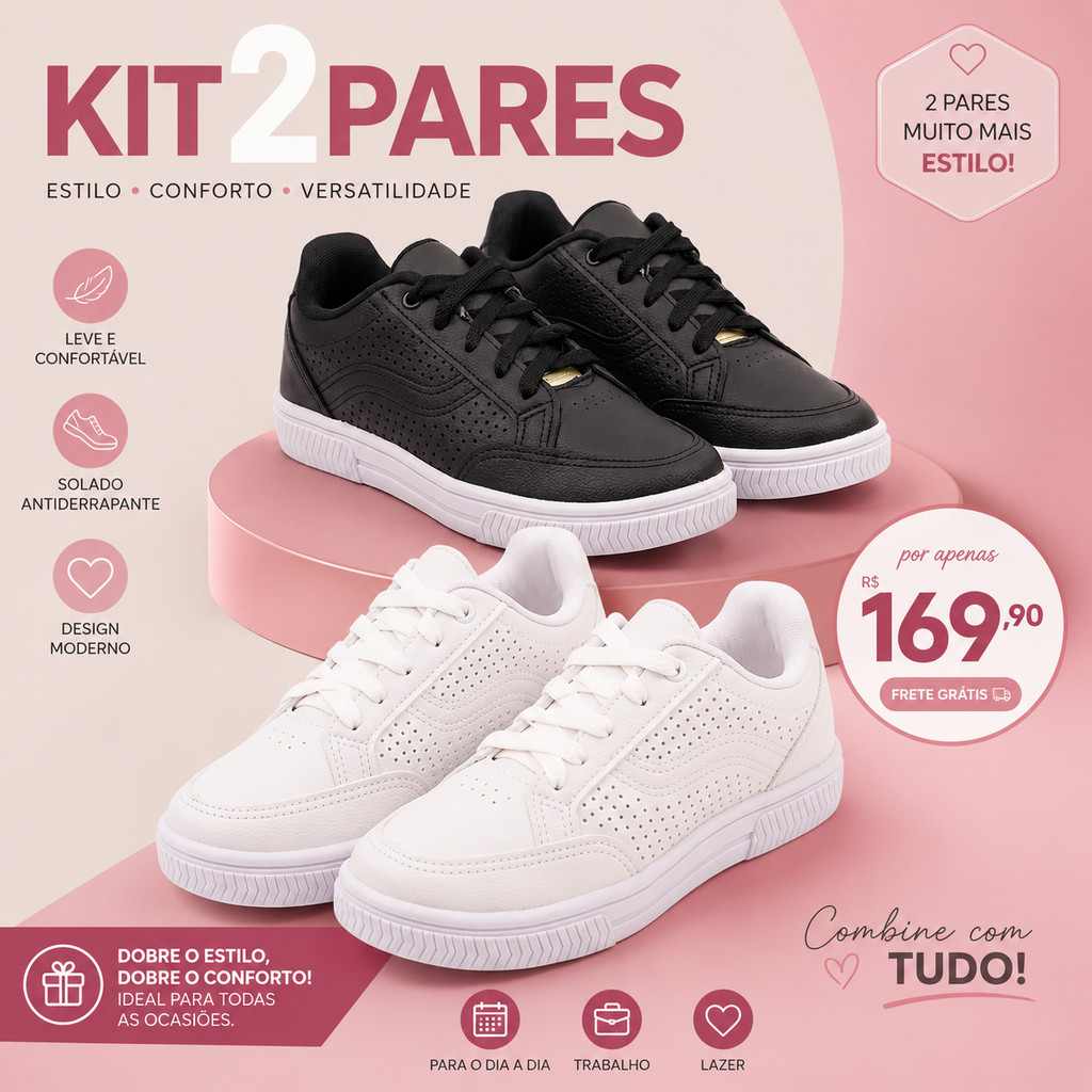 Kit 2 Tênis Femininos Branco Casual Com Detalhes Dourados Confortável Elegante e Versátil Para Looks Femininos Modernos