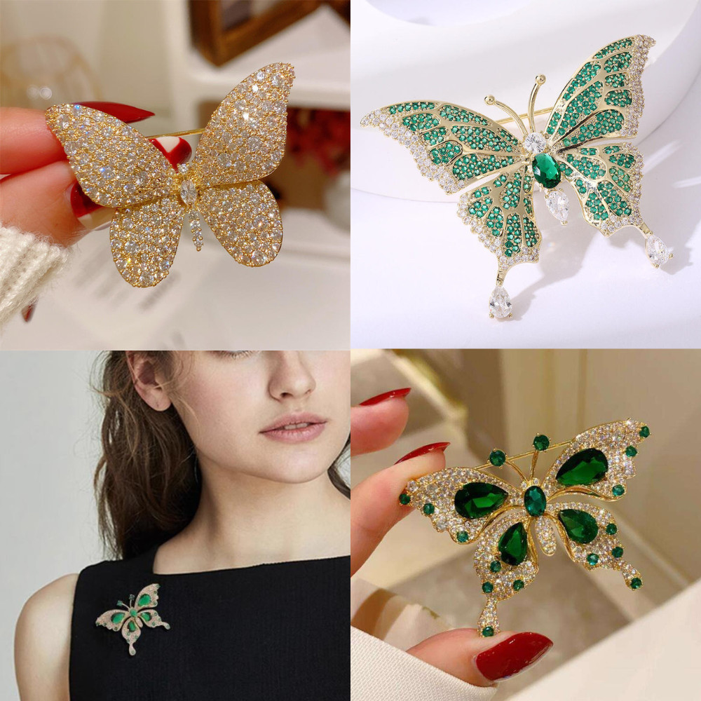 Broche de Roupa Feminino Borboleta Strass Esmeralda Luxo Festa Casamento Blazer Acessórios Femininos