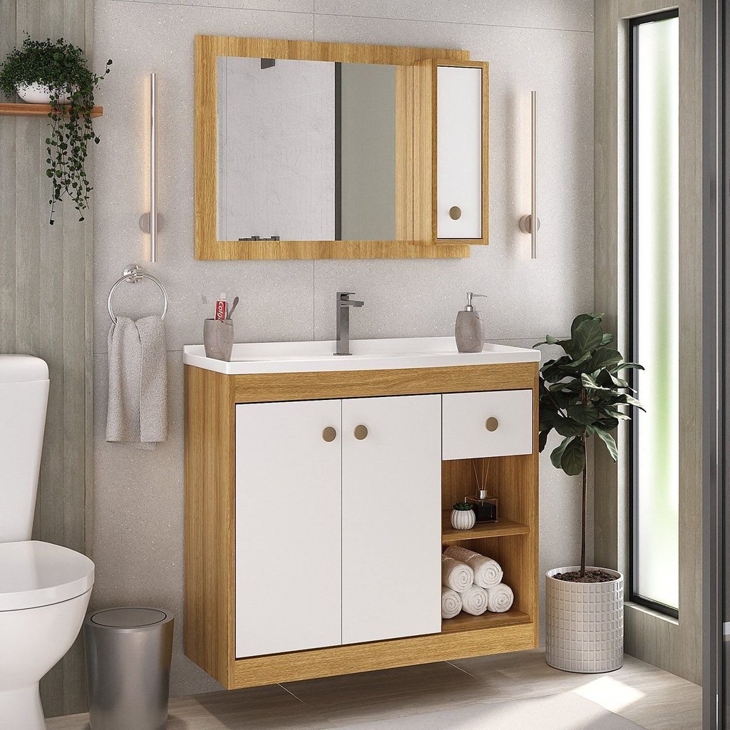 Conjunto de Banheiro Suspenso 80cm com Gabinete e Espelheira Mel Branco Yescasa Lamina Mel/Branco