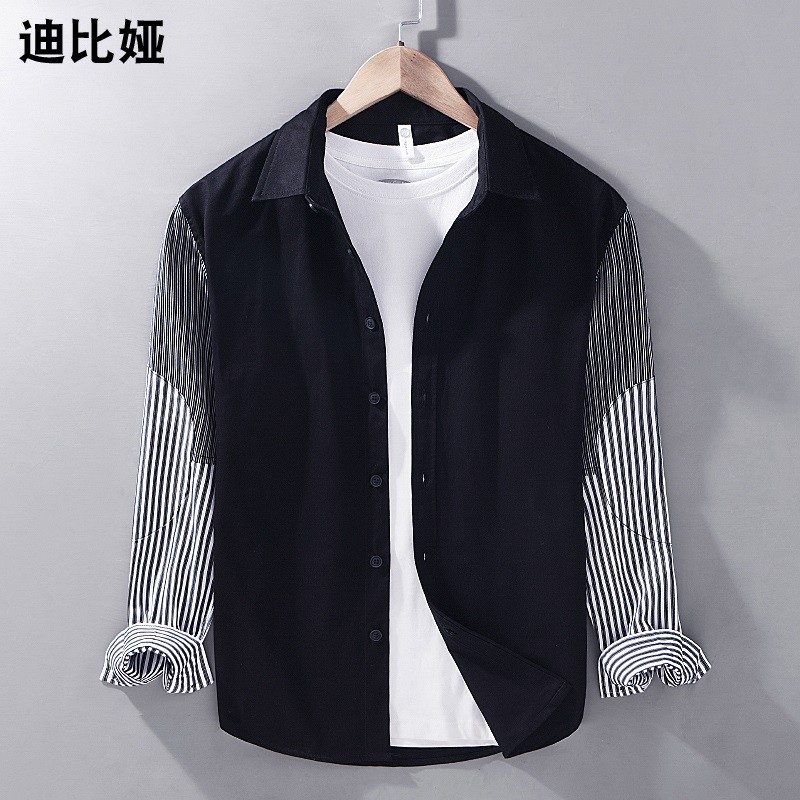 Dibia Primavera Americano Casual Costura Contraste Cor Camisa de Manga Comprida Masculina Listrada Nicho Design Camisa J
