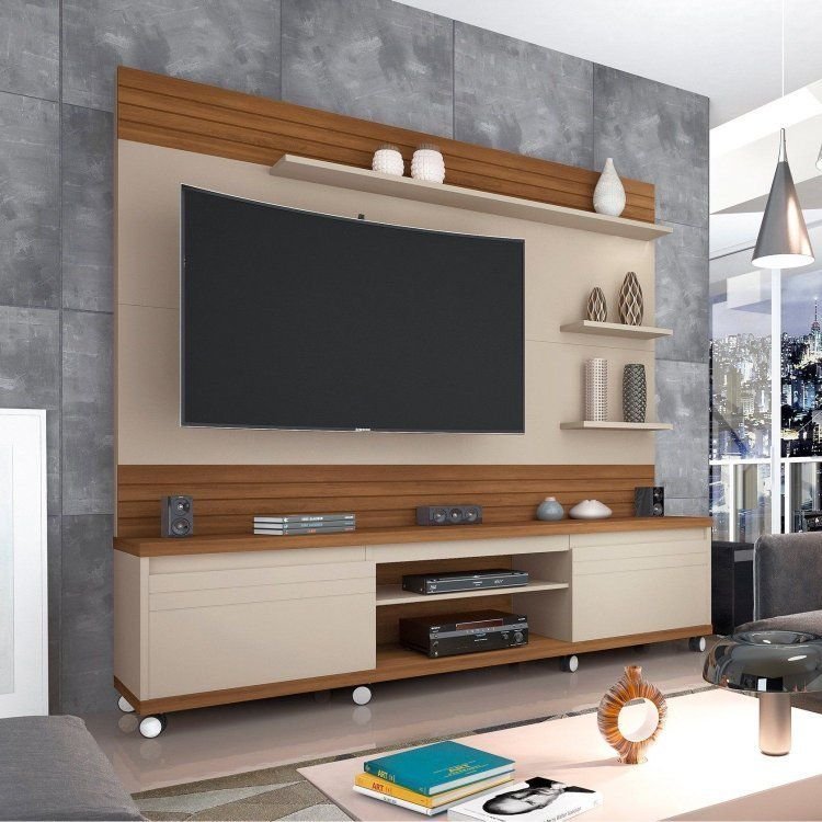Estante para TV Home Theater Ripado até 70 Polegadas MDF 217x197cm Rodízios Cedro Off White Nature Off White/Freijó