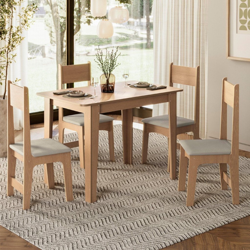 Conjunto de Jantar 4 Lugares com Mesa Retangular Tampo MDF 1,10m e 4 Cadeiras Delta Nicoli Mel/Bege