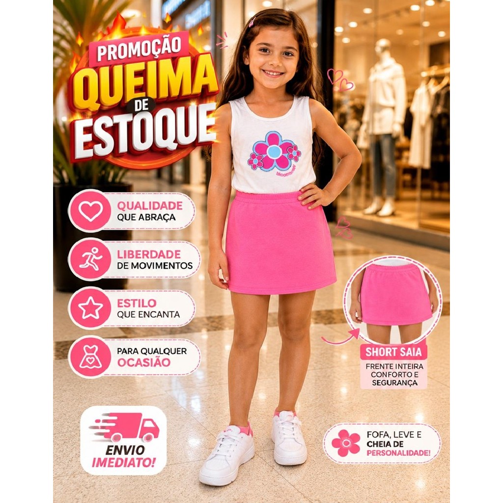 Conjunto Verão Infantil Menina short Saia  2 ao 8 fresquinho pratico Feminino Dia a Dia