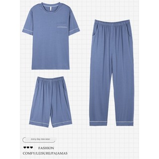 Pijamas masculinos de três peças terno Modal verão calças de manga comprida de manga curta verão estilo simples terno Ho