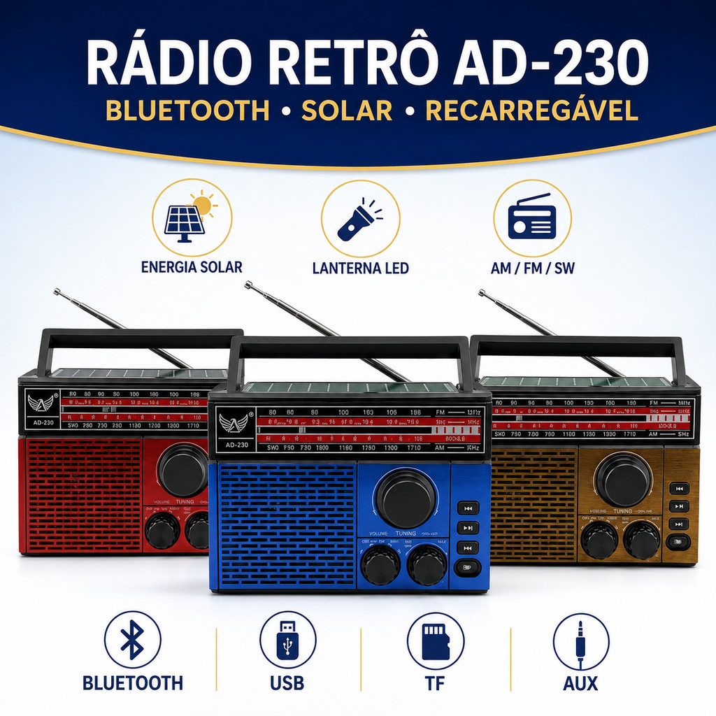 Rádio Retrô AD-230 Bluetooth Solar Recarregável AM/FM/SW com Lanterna, USB, Cartão TF e Alça