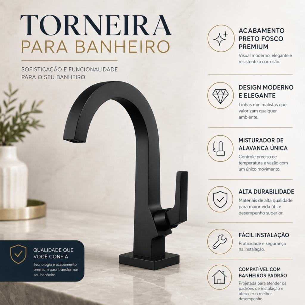 Torneira para Cuba Banheiro Bancada Luxo Arejador Preta e Cromada