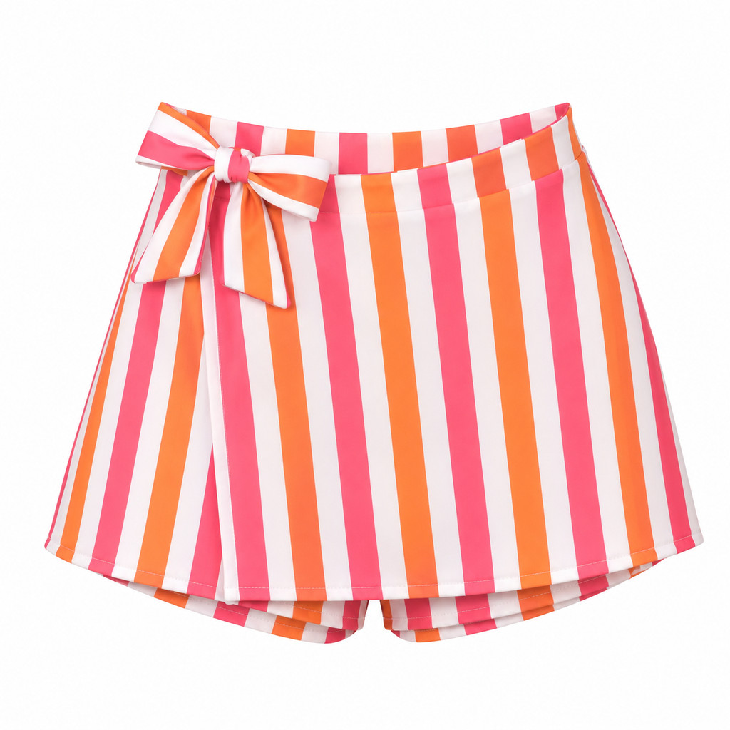 Short Saia Listrado Feminino Envelope Laço Tendencia do Verão Praia