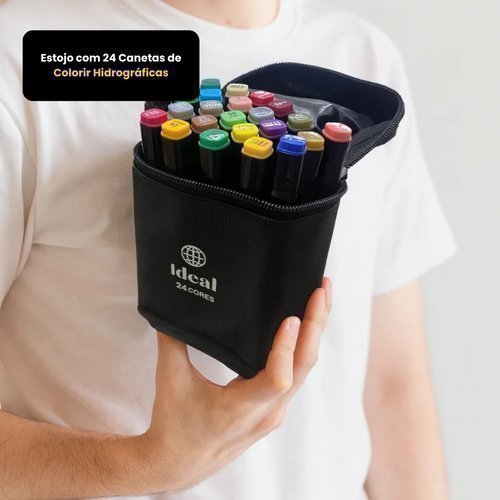 Canetas hidrográficas colorir estojo IDEAL 24 cores com zíper