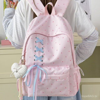 Mochila escolar de estilo coreano com laço de bolinhas e design atraente para meninas do ensino fundamental, grande capa