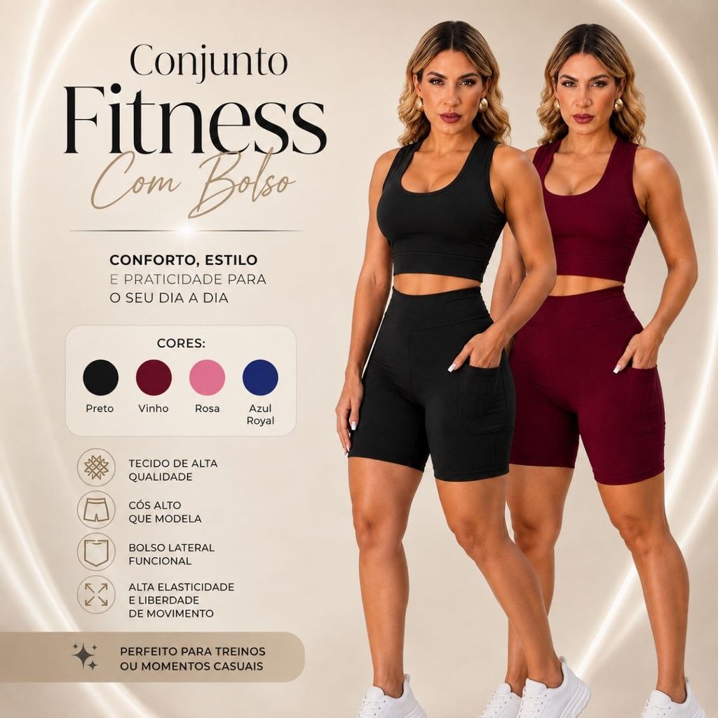 Conjunto Top E Short De Academia Fitness Feminino Com 2 Bolso Lateral Sem Transparência Suplex Premium