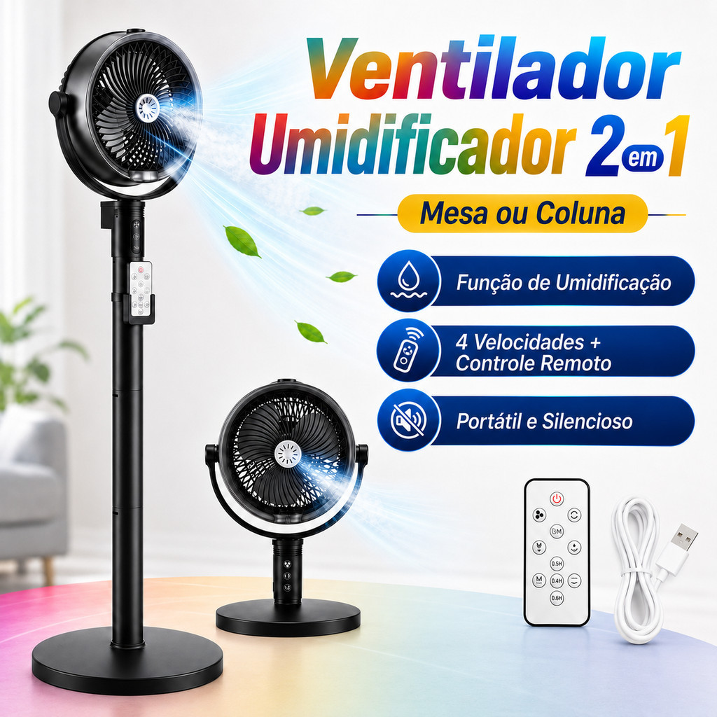 Ventilador com Umidificador 4 Velocidades USB com Bateria Recarregável de 4000mAh Timer com Controle Remoto para Mesa