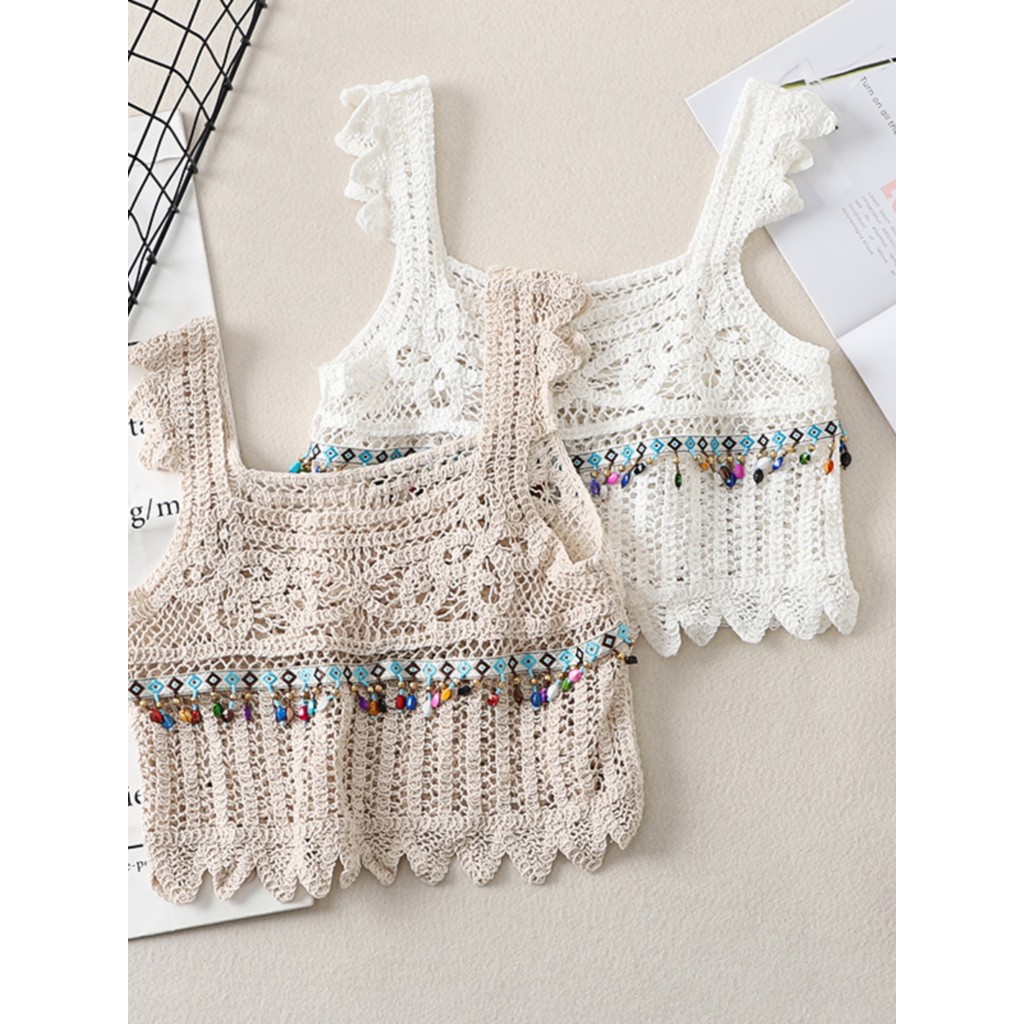 Pescoço quadrado curto topo roupas femininas tailandês boêmio estilo étnico férias viagem praia colete de malha estiling