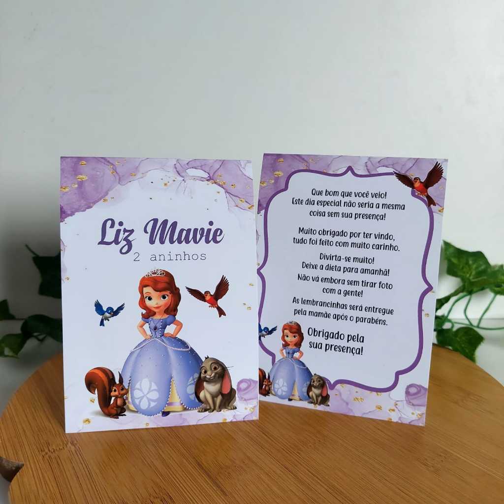 Kit Plaquinha de Agradecimento Personalizadas Princesa Sofia | Aniversário Infantil | Centro de Mesa