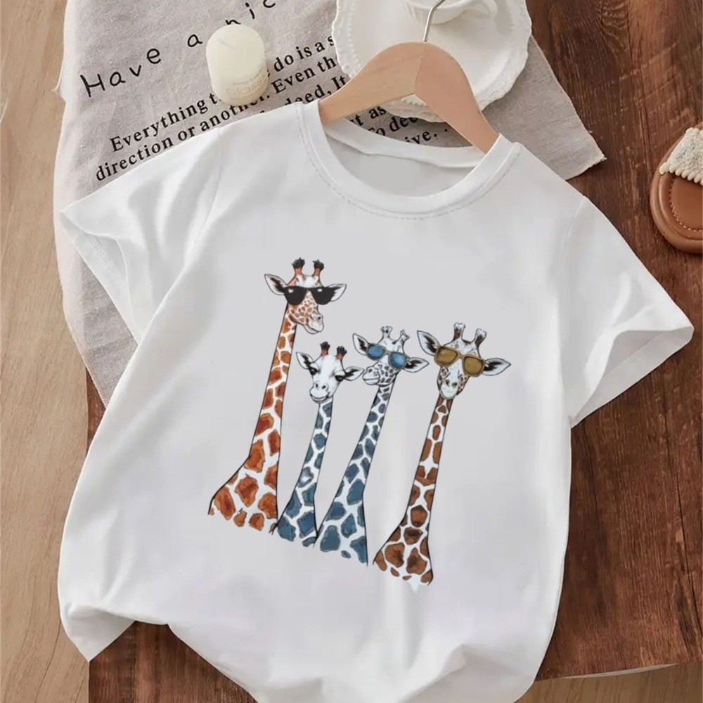 Camiseta infantil fofa e confortável 100% algodão estampada Girafas óculos Estilosas look fofo e casual para meninas