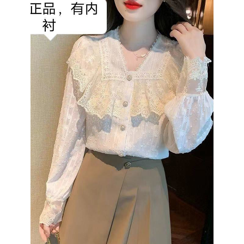 2026 primavera outono novo produto renda topo feminino Chiffon camisa de manga comprida topo europeu pequena camisa de v